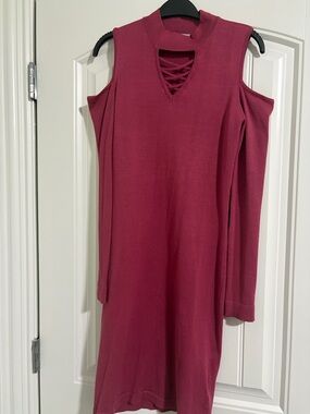 Cold-Shoulder Dark Mauve Knit Dress with Lace-Up Neckline